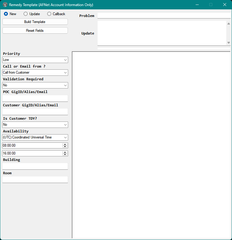 Remedy Template Builder window showing ticket type controls, structured input fields, and output text areas.