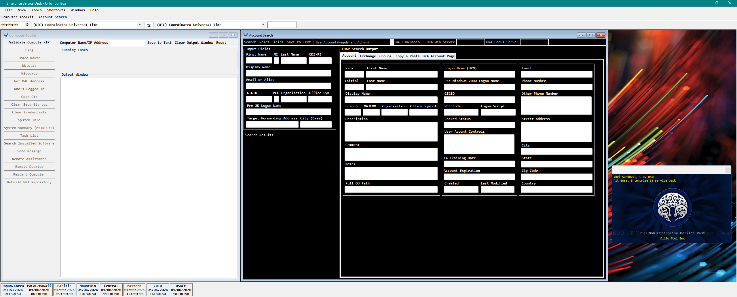 IOC main interface showing Computer Toolkit and Account Search windows open simultaneously within the MDI parent.